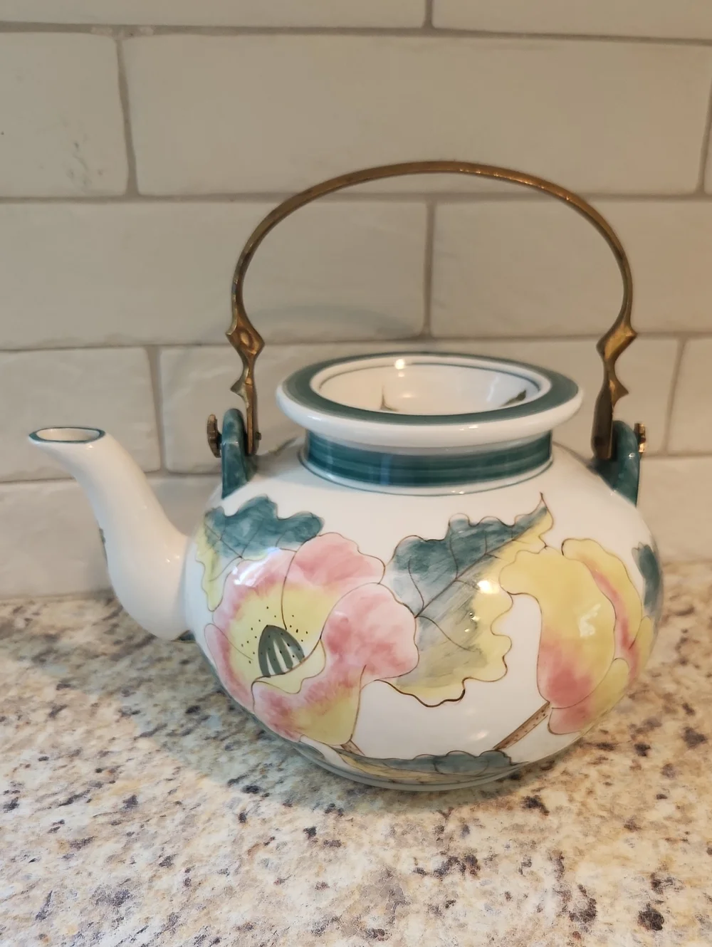 Vintage Handpainted Chinese Floral Teapot With Brass Handle